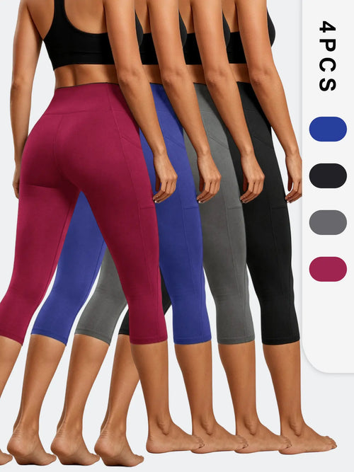 4-Pack Women’S Pocket Capri Leggings – High-Waist, Tummy Control, Squat-Proof; 7/8 Length for Yoga, Running & Daily Wear; Bottom, Basic, Minimalist; Womenswear；Summervibes