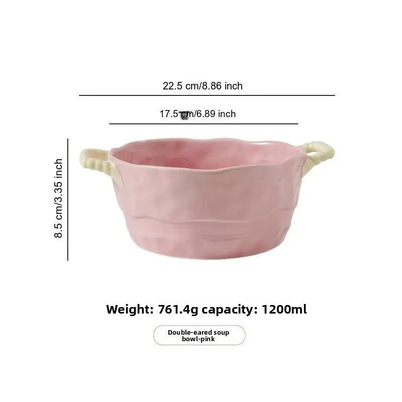 1-Piece Ins-Style Color-Blocked Ceramic Bowl with Handle, Multifunctional Oven-Safe Baking Bowl, Fruit Bowl for Kitchen Counter. Suitable for Salad, Fruit and Yogurt. High Appearance, High Temperature Resistant and Oven Usable, Perfect for Home Dinin