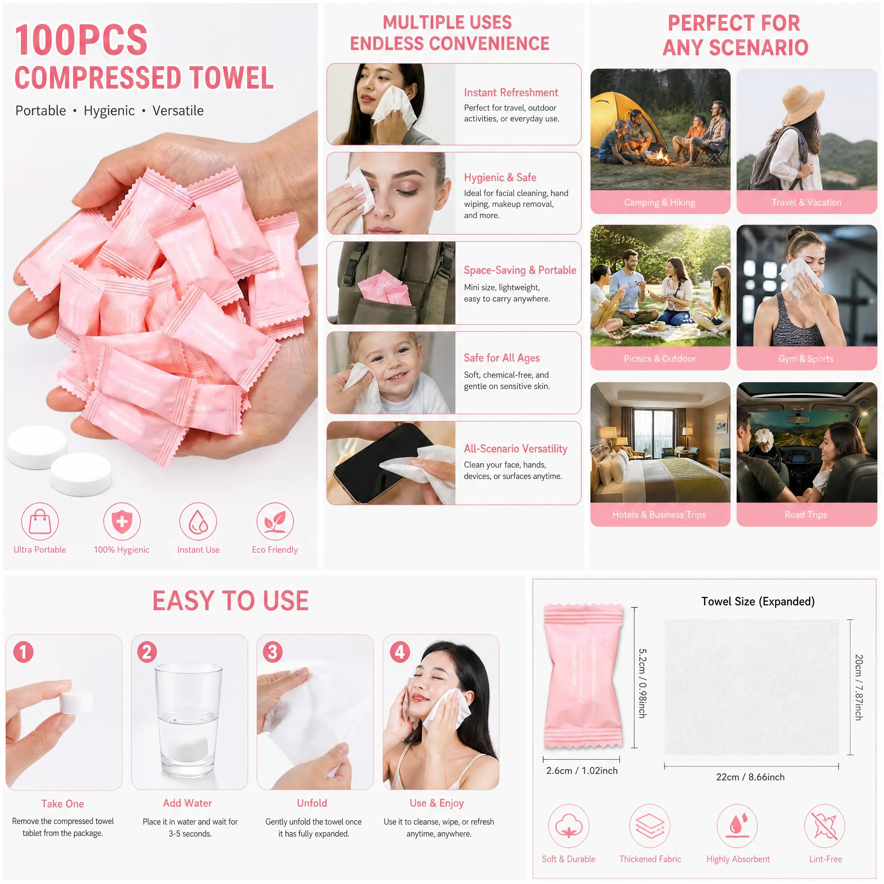 50PCS/100PCS/200PCS Disposable Compressed Face Towel, Portable Lightweight Mini Compressed Bathroom Tissue, Face Towel, Washcloth & Hand Towel for Home, Restroom, Office, Travel & Camping Use