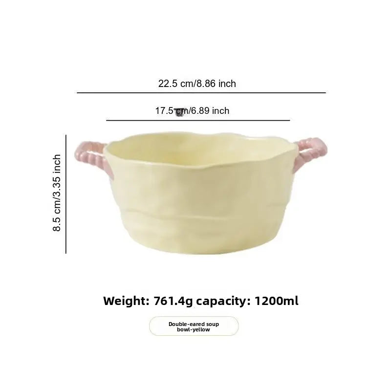 1-Piece Ins-Style Color-Blocked Ceramic Bowl with Handle, Multifunctional Oven-Safe Baking Bowl, Fruit Bowl for Kitchen Counter. Suitable for Salad, Fruit and Yogurt. High Appearance, High Temperature Resistant and Oven Usable, Perfect for Home Dinin
