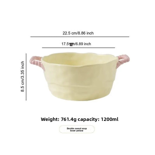 1-Piece Ins-Style Color-Blocked Ceramic Bowl with Handle, Multifunctional Oven-Safe Baking Bowl, Fruit Bowl for Kitchen Counter. Suitable for Salad, Fruit and Yogurt. High Appearance, High Temperature Resistant and Oven Usable, Perfect for Home Dinin