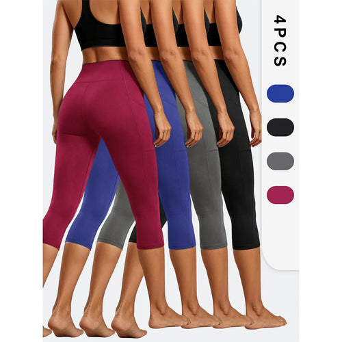 4-Pack Women’S Pocket Capri Leggings – High-Waist, Tummy Control, Squat-Proof; 7/8 Length for Yoga, Running & Daily Wear; Bottom, Basic, Minimalist; Womenswear；Summervibes
